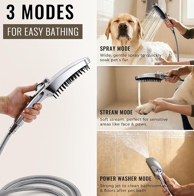 G-Promise 3 Mode Dog Shower Attachment with Pause Mode, Dog shower Sprayer with 100 Inches Hose, Metal Diverter, Adhesive Holder, for Fast and Easy Dog Bathing and Cleaning Indoor and Outdoor(Chrome)