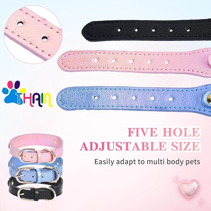 THAIN Fashion Dog Collar with Bling Diamonds & Heart Charm – 5 Holes Adjustable PU Leather Rhinestones Necklace Collar, Gold Buckle for Small Medium Dogs boy (Blue, S)