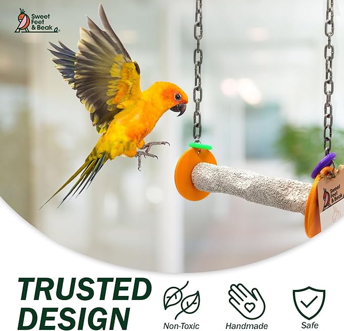 Sweet Feet and Beak Bird Swing - Pumice Perch Trims Nails and Beaks, Safe and Non-Toxic, For Small and Large Birds, 10.5 Inches