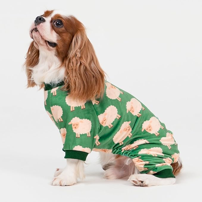 Fitwarm Funny Sheep Dog Pajamas, Warm Winter Dog Clothes for Small Dogs Boy Girl, Cozy Pet Onesie with Feet, Green, White, XS