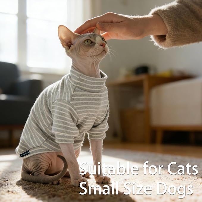 Fleece Sphynx Cat Clothes Soft Hairless Cat Clothes Pullover Cat Sweater for Chihuahua All Season Light and Warm Kitten Cloth for Cats Only Puppy Clothes Small Dog Sweater (Gray Striped, Large)