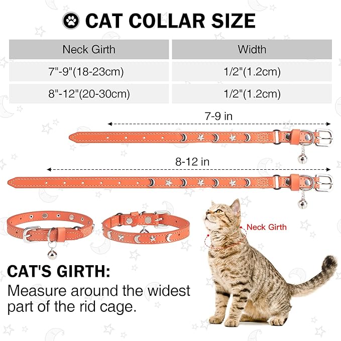 Leather Cat Collars for Boy Girl Cats with Bell and Safety Elastic Belt, Personalized Star and Moon Stud Adjustable Safe Buckle Collar for Kitty Small Big Cats Size 8-12 Inch, Orange