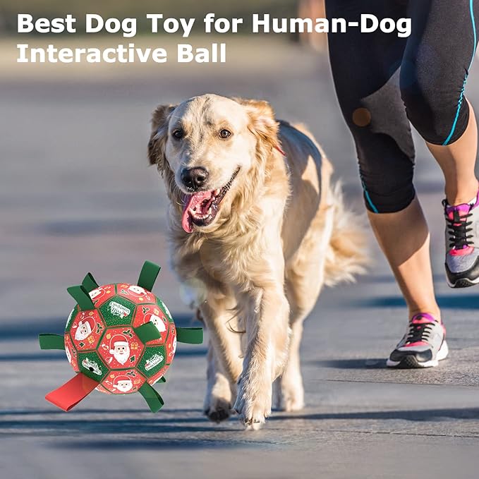 QDAN Christmas Dog Toys: Soccer Ball with Straps for Outdoor Play, Tug of War, Puppy Gifts - Durable 8-Inch Balls for Medium Large Dogs
