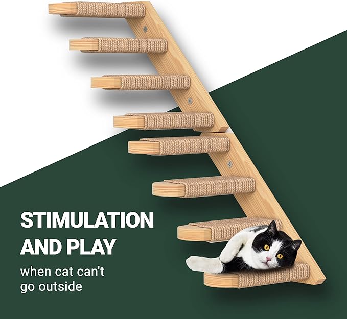Skywin Cat Wall Steps - Solid Rubber Wood Cat Stairs Great for Scratching and Climbing - Easy to Install Wall Mounted Shelves for Playful Cats (Wood, Right-Left)
