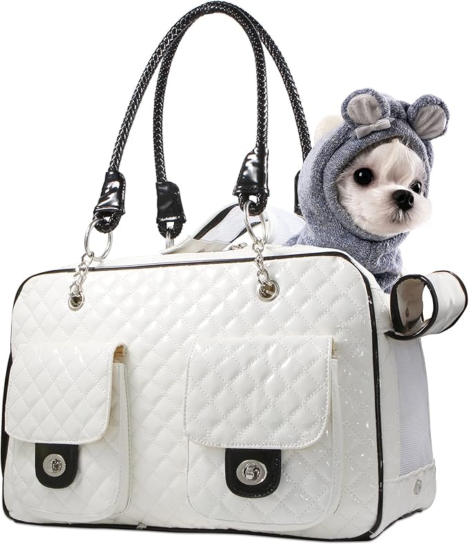Soft-Sided Pet Travel Carrier Airline Approved for Pet Small Dog and Cat Collapsible, White Shiny Patent Leather