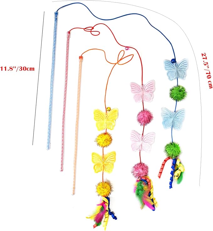 Cat Wand Toys, 3 PCS Vibrant Cat Teaser Wands with Butterfly, Pompom - Elastic Cord Feather Wands Cute Interactive Kitten Toy