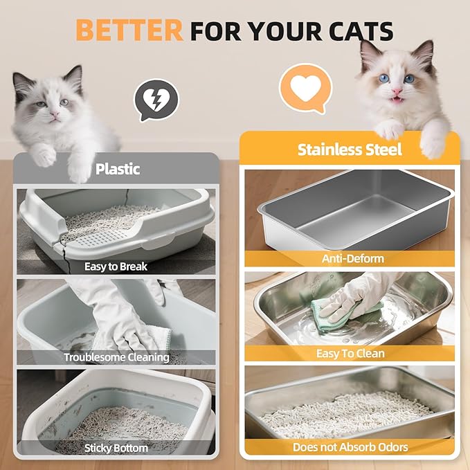 Enclosed Stainless Steel Cat Litter Box with Lid, XL Extra Large Litter Box for Big Cats, Metal Litter Pan High Sided, Never Absorbs Odors, Anti-Urine Leakage, Include Scoop (65-LightGray)