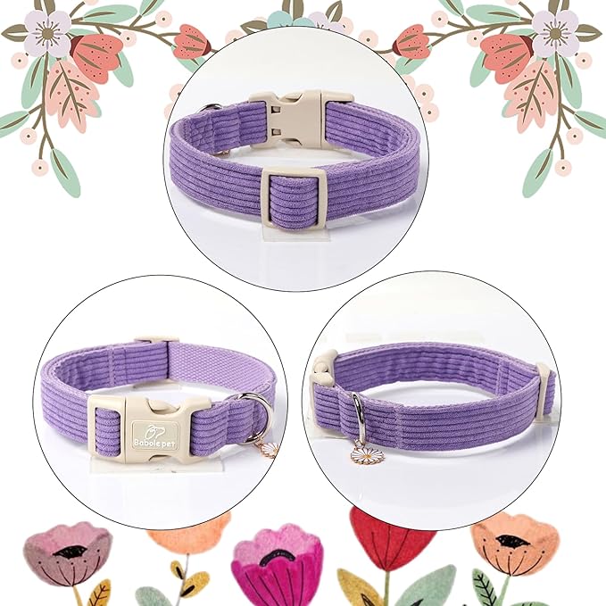 Cute Corduroy Dog Collar - Lavender Adjustable Dog Collars for Large Dogs 50-80lbs, Fade-Proof with Secure Snap & Little Charm, Christmas Birthday Gift, L