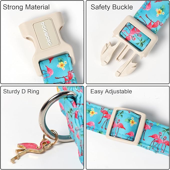 DOGWONG Spring Summer Dog Collar-Cute Flamingo Dog Collar, Adjustable Soft Beach Hawaiian Dogs Collars for Medium Dogs, M
