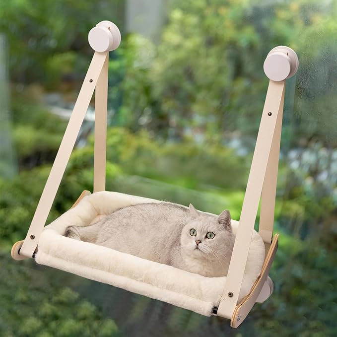Kilodor Cat Window Perch, Cat Hammock for Window with 4 Strong Suction Cups - Easy Assembly, Solid Wood Frame with Large Cats Bed - Supports Up to 40lbs for Indoor Cats