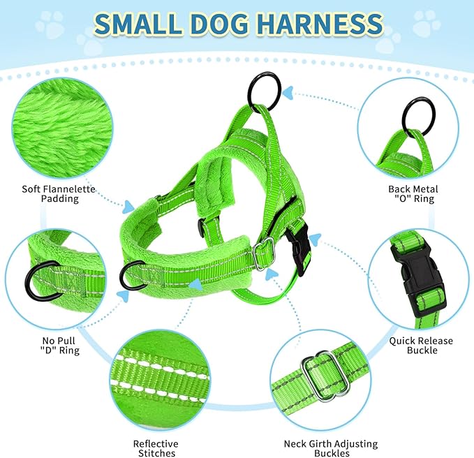 SlowTon No Pull Small Dog Harness and Leash Set, Puppy Soft Vest Harness Neck & Chest Adjustable, Reflective Lightweight Harness & Anti-Twist Pet Lead Combo for Small Medium Dogs (Green-Front Clip,XS)