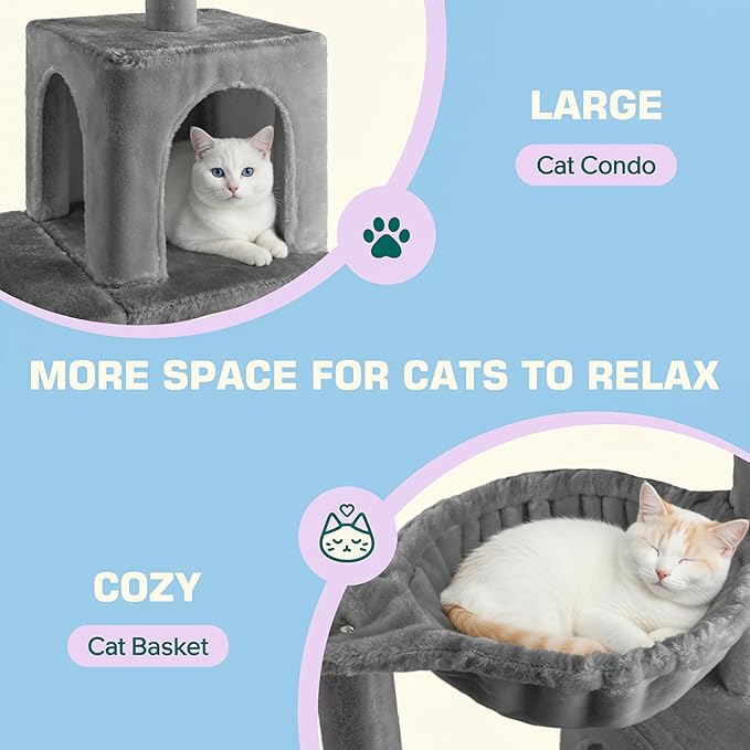 Allewie 29.5in Indoor Cat Tree, Multi-Level Cat Tower with Sisal Scratching Posts, Padded Perch, Basket, Condo, and Hanging Ball, Suitable for Kittens and Adult Felines, Grey