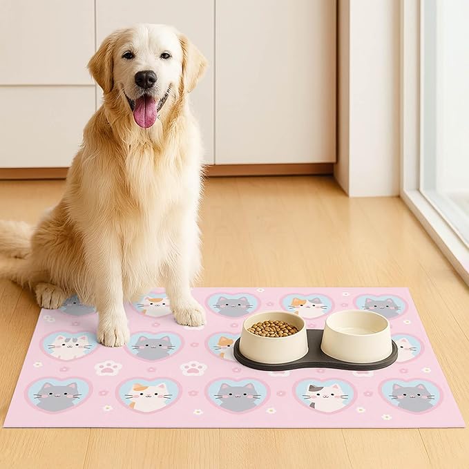 Cat Feedings Mats 20x12 inch Pink Kitten Print Pet Bowl Placemat Non Slip Mat for Cat Food and Water Indoor Kitty Feeding Station Cute Cats Meal Mats for Small Pets Kitchen Floor Use