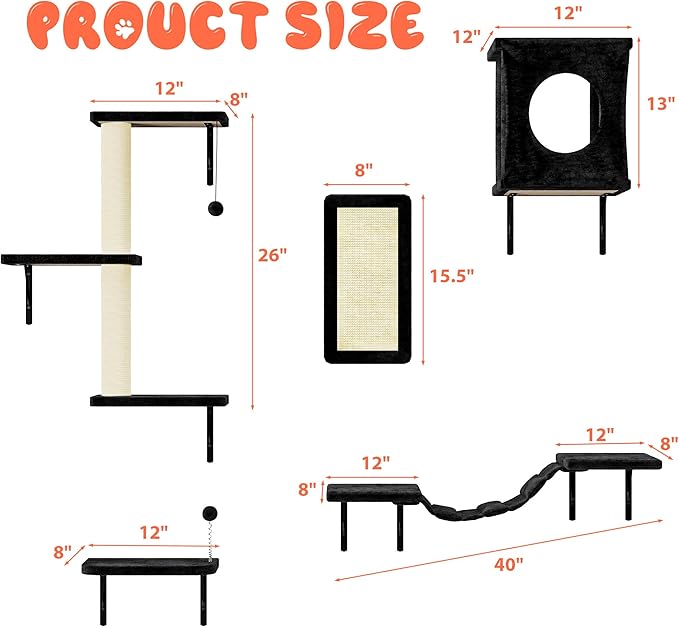 NUNU LAB Cat Wall Shelves Set, 5 Pcs Wall-Mounted Cat Climber with Condo House, Bridge Ladder, Scratching Post, Indoor Cat Furniture Set, Black