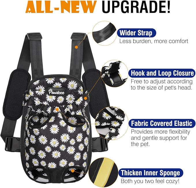 Pawaboo Pet Carrier Backpack, Adjustable Pet Front Cat Dog Carrier Backpack Travel Bag, Legs Out, Easy-Fit for Traveling Hiking Camping for Small Medium Dogs Cats Puppies, Extra Large, Black Daisy