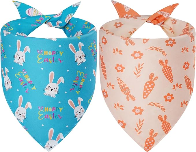 Easter Dog Bandanas Large 2PCS, 4 Pattern Colorful Scarf for Boy and Girl, Triangle Reversible Bibs Breed for Puppy Cats Pets