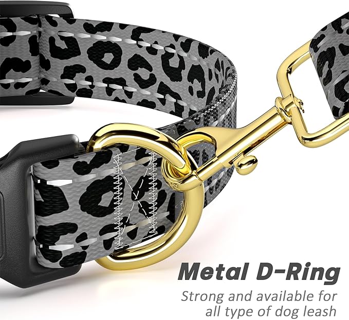 Reflective Dog Collar for Extra Small Dogs Cats, Cute Leopard Style Adjustable Heavy-Duty Nylon Puppy Collar for Boy and Girl Female, Soft Pet Accessories with Quick Release Buckle, Gray