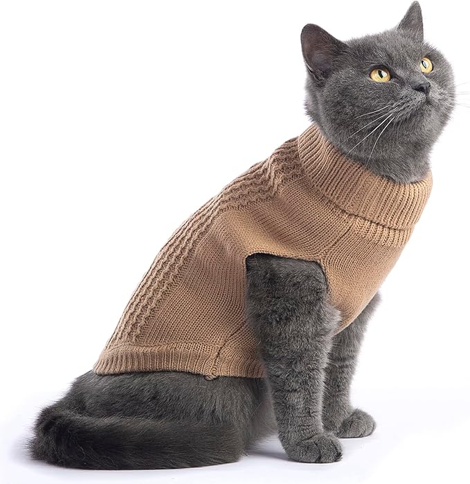 Stretchy Cat Sweater - 17 Colors & 6 Sizes | Snug Winter-Ready Knit for Boy/Girl Cats & Kittens(Khaki, X-Small)