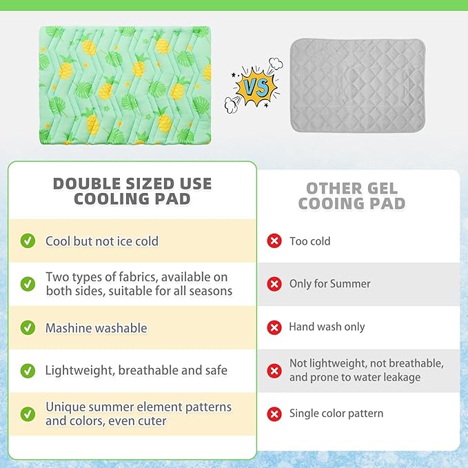 KOOLTAIL Dog Cooling Mat, Upgraded Two Sided Cooling Pad for Dogs Cats Puppy, Soft Pet Sleeping Blanket Keep Cool in Summer with Cute Fruit Pattern, Washable Waterproof for Crate Sofa Bed, Green L