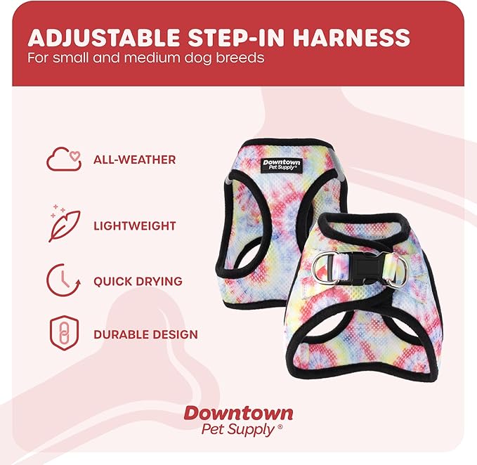 Downtown Pet Supply Step-in Dog Harness – No Pull, Adjustable Padded Mesh with Reflective Trim, Secure Buckle Strap – Comfortable & Breathable Small Dog Harness, X-Small, Tie Dye