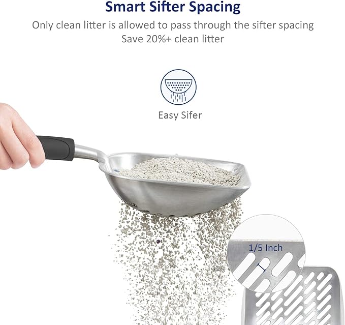 WePet Cat Litter Scoop, Aluminum Alloy Sifter, Kitty Metal Scooper, Deep Shovel with Diagonal Sifting Hole, Long Handle, Kitten Poop Lifter for Litter Box, Large Size, Black Handle