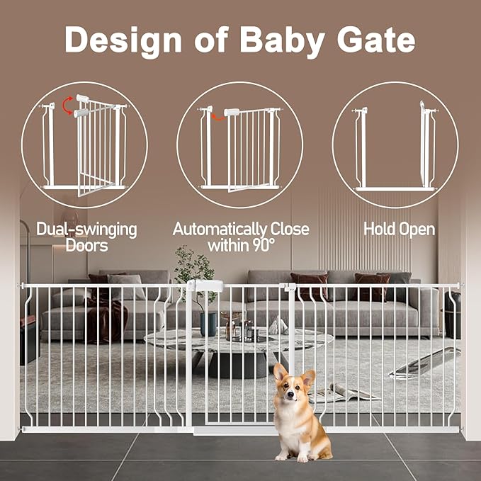 WAOWAO Baby Gate 43.3-52.75" Extra Wide Pressure Mounted Walk Through Swing Auto Close Safety White Metal Toddler Kids Child Dog Pet Puppy for Stairs,Doorways,Kitchen