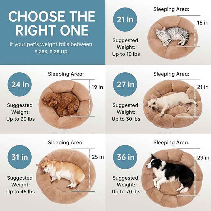 OhGeni 31 inches Calming Donut Orthopedic Dog & Cat Bed for Medium Pets, Warming Comfort Fluffy Short Pile Fur, Durable Waterproof Machine Washable Removable Cover, Cute Round Bed for Puppy, Cream