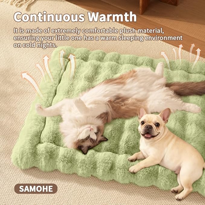Self-Warming Cat Bed, Plush Faux Fur Pet Bed Mat with Anti-Slip Bottom, Ultra Soft Heated Bed for Cats & Medium Dogs, Cozy Fluffy Pad for Couch & Crate, Machine Washable, 27x20 Inch Green