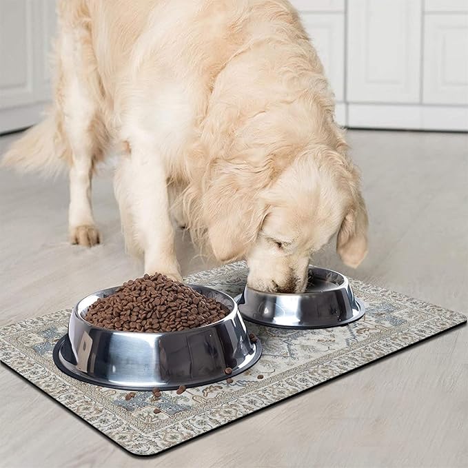 Dog Food Mats for Floors, Absorbent and Quick-Drying Pet Cat Food Mat,Anti-Fouling and Easy-to-Clean Pet Feeding Mat,Dog Bowl Mat for Messy Drinking Water Bowls.12 x20, Bohemia Style