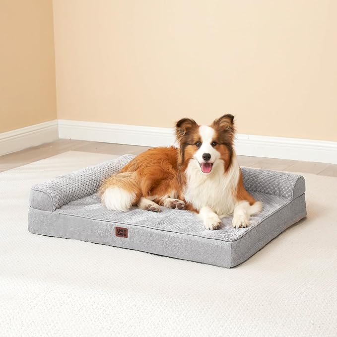 EHEYCIGA Large Dog Bed Memory Foam for Crate, Orthopedic Dog Bed Large Size Dogs with Washable Removable Cover, Waterproof Pet Sofa Couch with Nonskid Bottom, 35x22x6, Grey