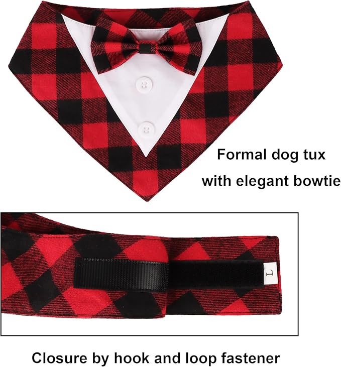 ADOGGYGO Christmas Dog Tuxedo Bandana, Red Plaid Xmas Pet Bowtie Collar, Adjustable Christmas Costumes for Medium Dogs (M)
