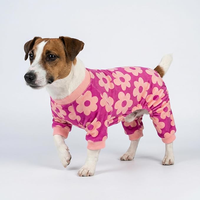 Fitwarm Flower Fleece Dog Pajamas, Warm Winter Dog Clothes for Small Dogs Girl, Cozy Pet Onesie with Feet, Pink, Small