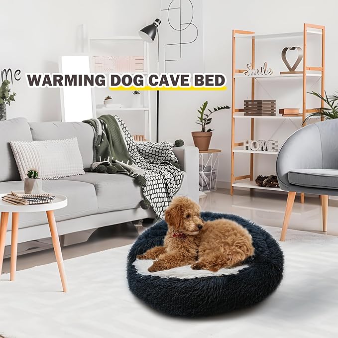 Cat Bed for Indoor Cats, Calming Cozy Cave with Self-Warming Plush, Entire Bed Machine Washable & Anti-Slip Base, Breathable Pet Bed for Small Cats&Dogs All Seasons (Dark Gray, 24*24inch)
