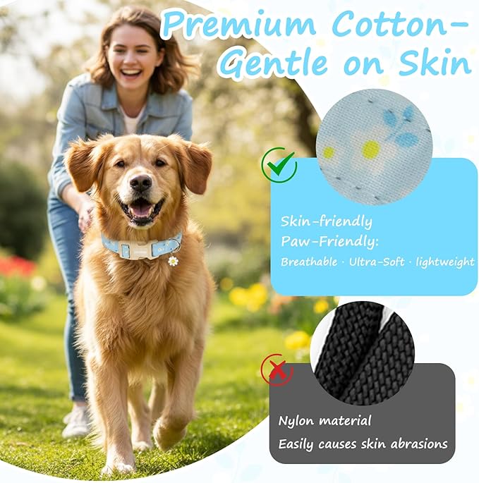 Dog Collar for Small Medium Large Dogs, Spring Blue Dog Collars with White Flowers, Adjustable Cotton Dog Collars, Cute Girl or Boy Dog Collar Ideal for Gifts,Pet Accessory,L