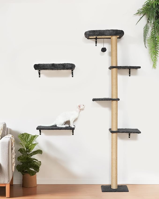 FUKUMARU Cat Wall Shelves, Stable Wall Mounted Cats Furniture Set, Kitten Scratching Post with Soft Cushion Perch, Space Saving Climbing Wall for 16 Inch Drywall - Gray