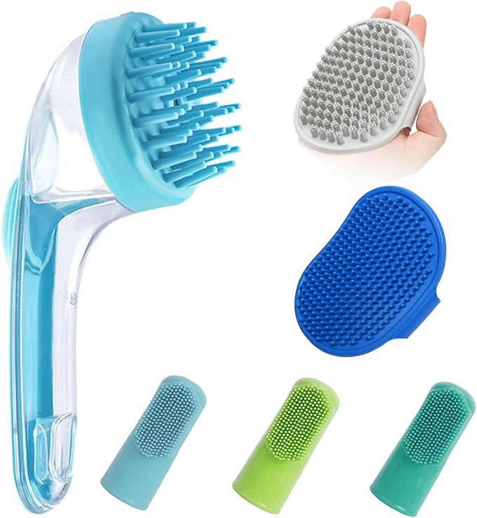 (6 Pcs) ELEGX Pet Grooming Bath Massage Brush with Soap and Shampoo Dispenser Soft Silicone Bristle for Long Short Haired Dogs Cats Shower (Light blue)