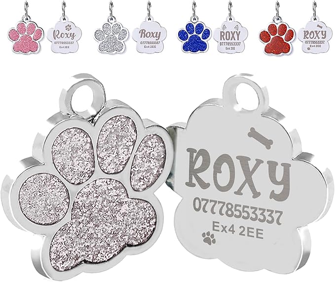 EDSG Cat Dog Tags Personalized for Pets, Dog Name Tags Cat Name ID Tag, Engraved Dog Tags Dog ID Tags Small Glitter Bling ID Tag Paw Print for Cat Pet Dog Puppy(Silver,Design 2)