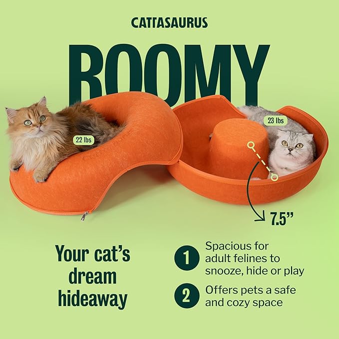 Cattasaurus Peekaboo Cat Cave Donut for Multiple & Large Cats up to 30-45 lbs, 3-in-1 Self Warming Cat Bed, Tunnel & Scratcher for Indoor Cats, Washable & Detachable Small Dog Bed (Orange, Large)