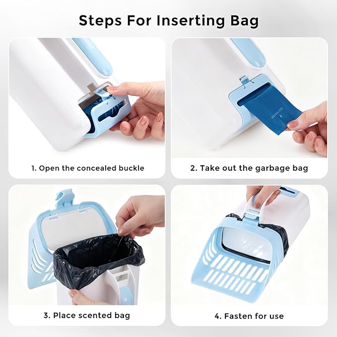 Cat Litter Scoop with Holder & Trash Can, 3-in-1 Mess-Free Poop Scooper Includes 90 Bags, Litter Box Scoop Shovel for Sifter Box Waste Disposal, Blue White