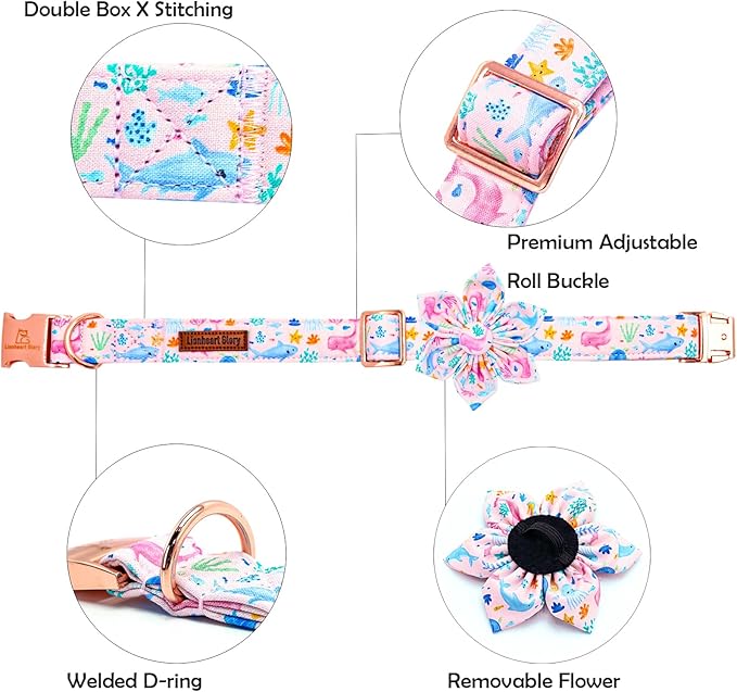 Lionheart glory Dog Collar Flower Collar Pink Dog Collars with Flower Summer Cute Sea Animals Print Collar Dog Female Soft Durable Adjustable Dog Collars for Large Dogs