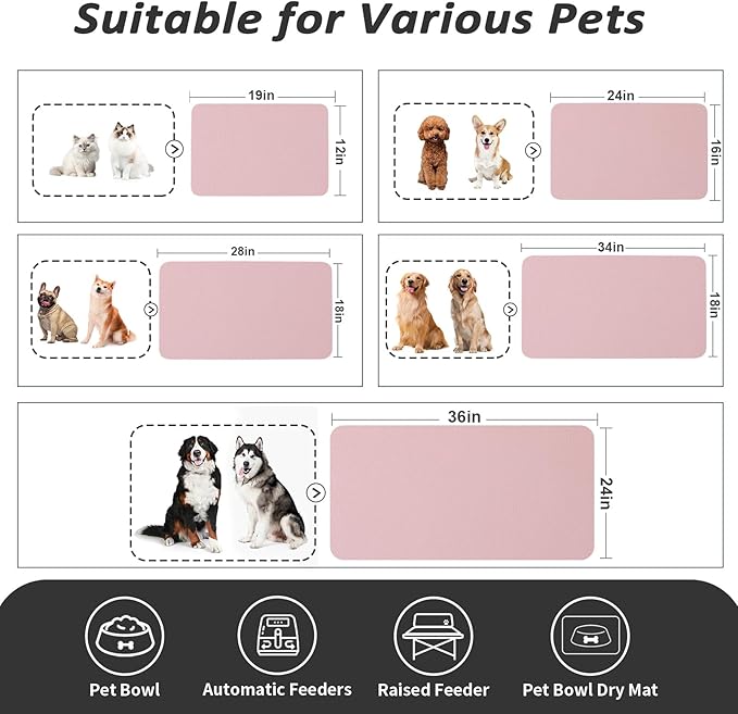 Dog Food Mat - Absorbent Cat Mat for Food and Water, No Stains Pet Feeding Bowl Mat, Easy to Clean Pet Placemats, Quick Dry Dog Water Dispenser Mat for Messy Drinkers | Pink 12"x 19"
