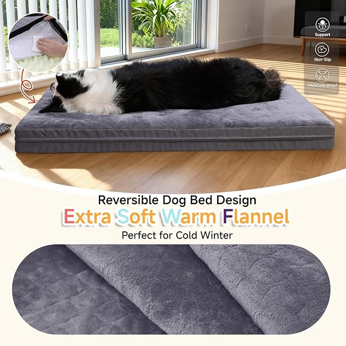 Waterproof Large Dog Bed - XL Dog Bed for Crate, Washable Crate Bed with Orthopedic Pet Mat with Egg Crate Foam, Anti-Slip, Reversible & Washable Cover, 41" x 27", Gray