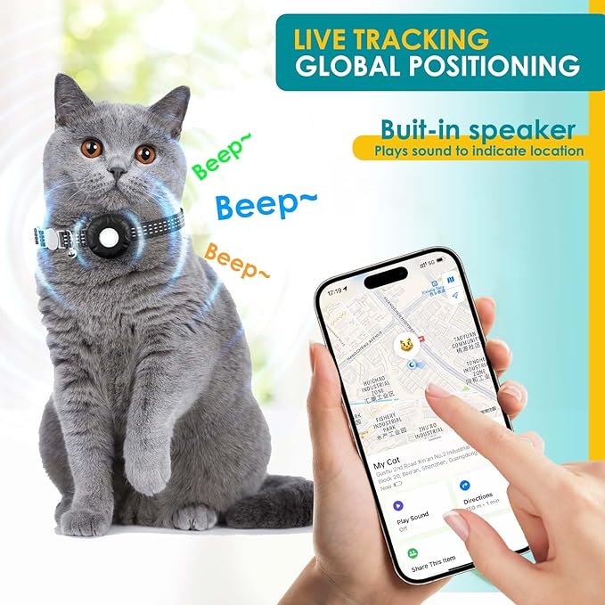 Cat Tracker, GPS Tracker Compatible with Apple Find My App(Only iOS), Waterproof Cat Tracker Collar with Safety Elastic Buckle, No Monthly Fee Pet Tracker, Works with Any Collar