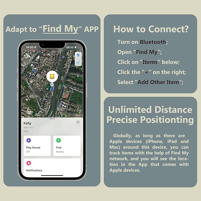 Silicone Bell Cat Tracker, Locator for Pets Only iOS, Dog Location Tracking Collar, Works Worldwide with Any Collar, No Other Fees, Huthur Tag