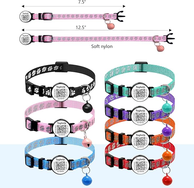 Personalized Cat Collar with Name TAG,Adjustable Tough Nylon Cat ID Collars with Bell, smaet ID Pet Name and Phone Number.NO APP | No Subscription or fees (Pink Cute paw Print)