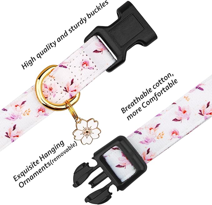 Cotton Handmade Dog Collar Cute and Distinctive Patterns White Flower with Pendant for Girl Boy Dogs Collars M