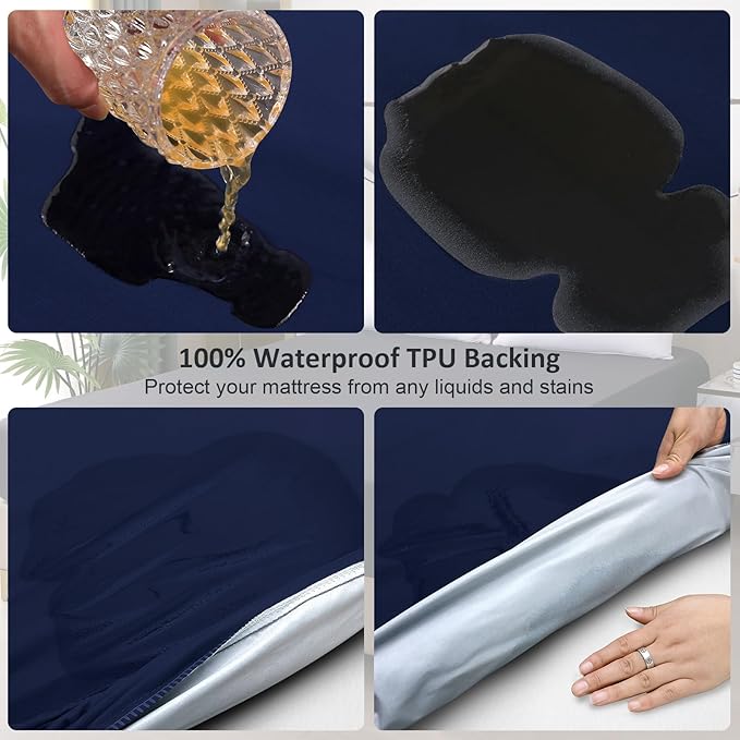 Waterproof Mattress Protector Full, Fitted Sheet Style Breathable Mattress Cover with Deep Pocket Fits Up to 18'', Noiseless Bed Cover for Kids Adults Pets, Machine Washable(Navyblue, 54'' X 76'')