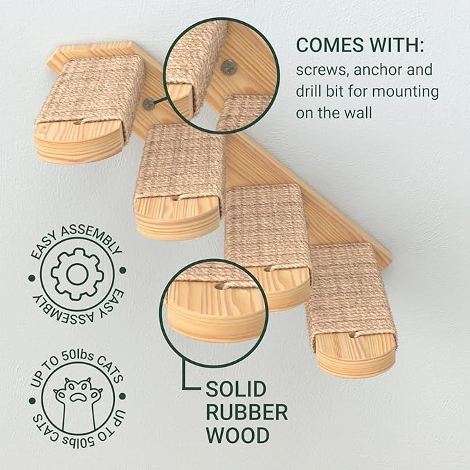 Skywin Cat Wall Steps - Solid Rubber Wood Cat Stairs Great for Scratching and Climbing - Easy to Install Wall Mounted Shelves for Playful Cats (Wood, Right-Left)