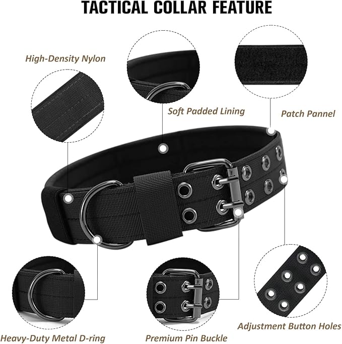Tactical Dog Collar Military Adjustable Dog Collars Soft Nylon Training Collar with Patch Heavy Duty Metal Buckle Collars for Medium Large Dogs (Black, M)