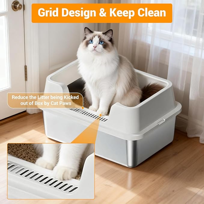 Stainless Steel Litter Box, XL Enclosed Cat Litter Boxes with Lid for Big Cats and Multi-Cats, High Sided, Anti-Urine Leakage Non-Stick Bottom Include Scoop Easy to Clean